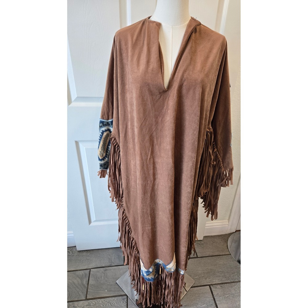 Faux Suede Fringe Kaftan Dress Brown Southwestern Tapestry Boho Western Maxi